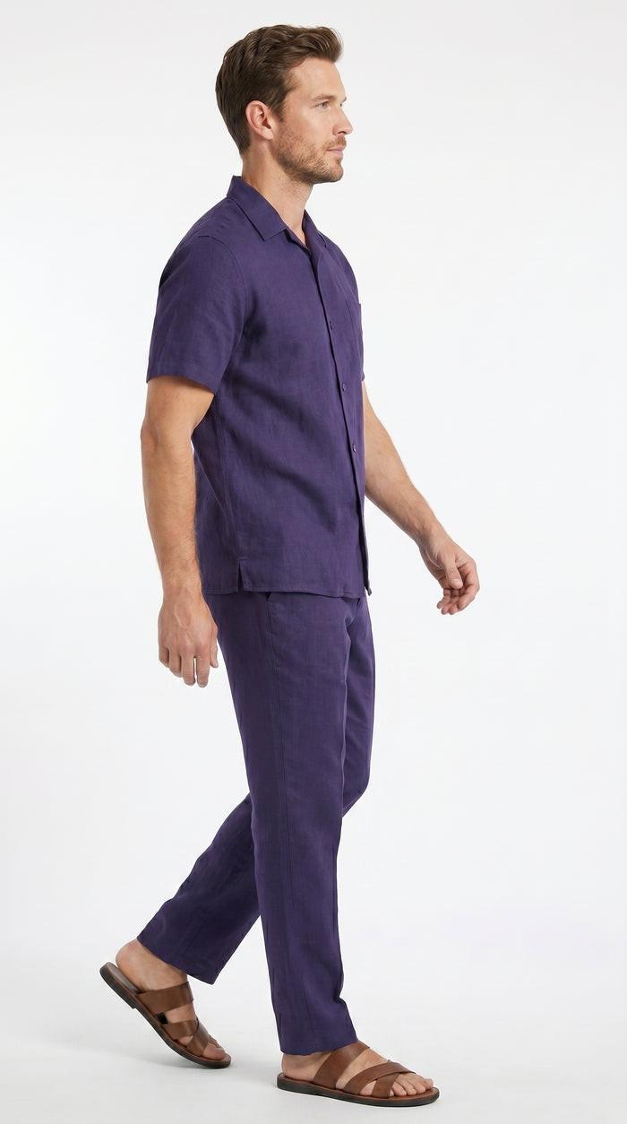 Men’s Navy 100% Linen Short Sleeve Walking Suit, Casual Leisure Shirt and Pants Set
