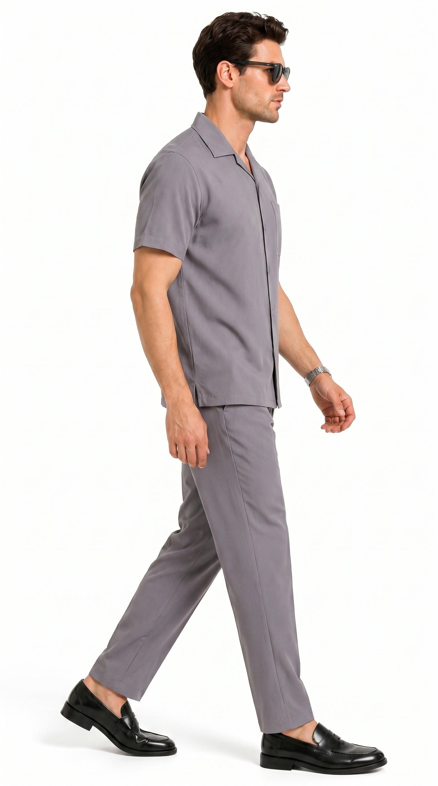Men’s Solid Grey Short Sleeve Walking Suit with Matching Pants, Casual Summer Dress Outfit