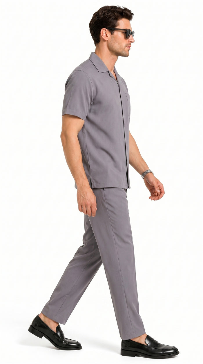 Men’s Solid Grey Short Sleeve Walking Suit with Matching Pants, Casual Summer Dress Outfit