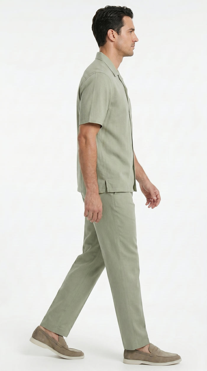 Men’s Solid Light Olive Short Sleeve Walking Suit with Matching Pants, Casual Summer Dress Outfit