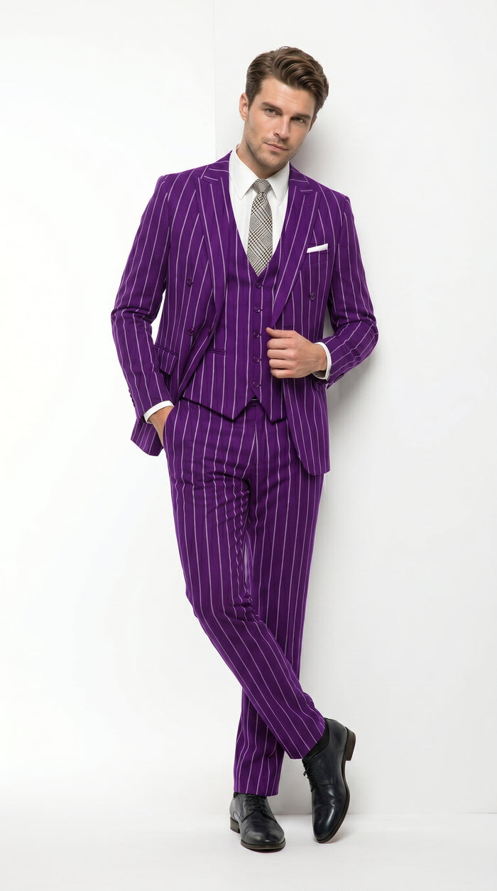 Men’s Purple Pinstripe 1920s Gangster Suit with Jacket, Vest and Pants, Vintage Formal Dress Suit