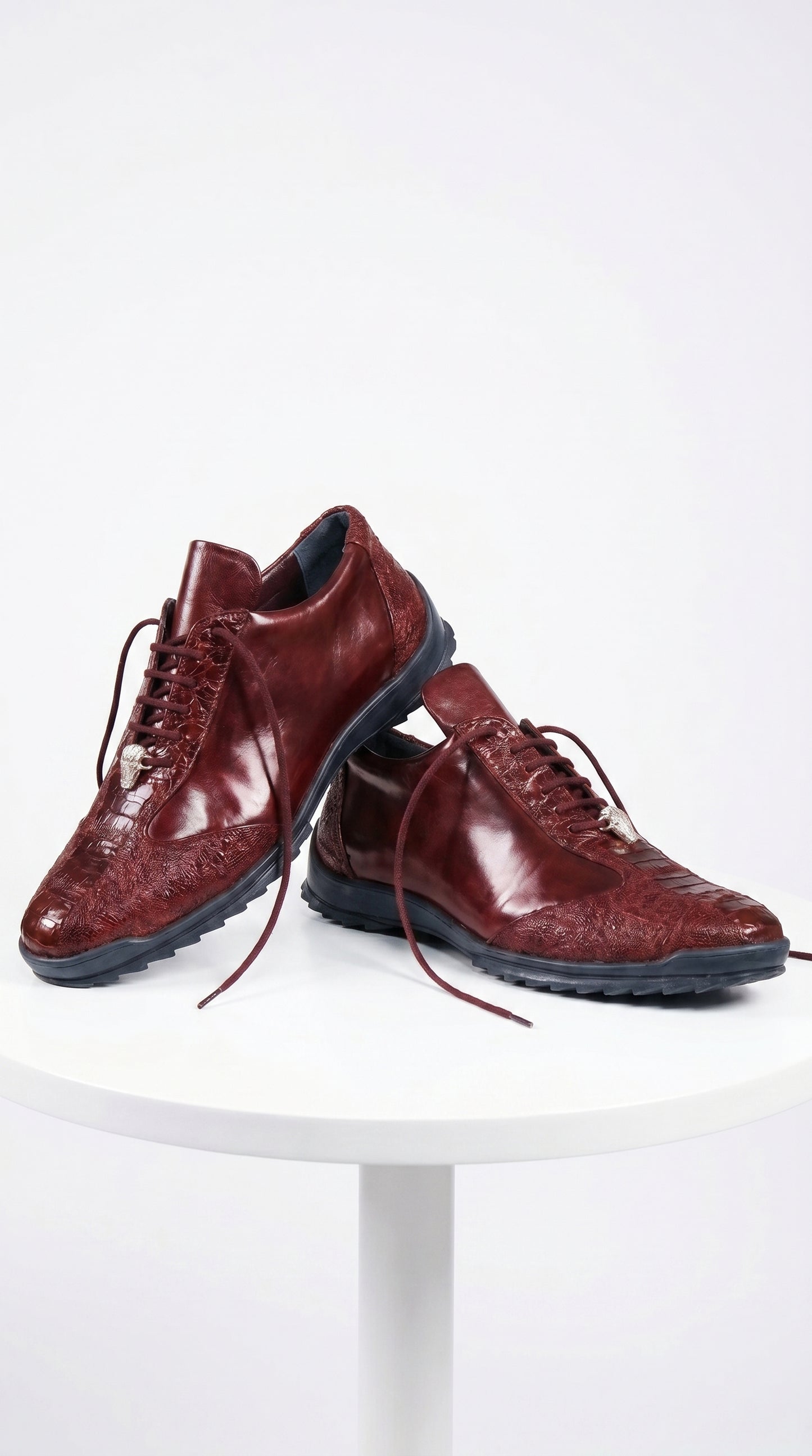 Men’s Wine Ostrich Leg Leather Sneakers with Lace Up Front, Exotic Casual Dress Shoes