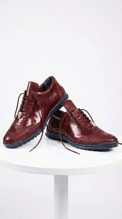 Men’s Wine Ostrich Leg Leather Sneakers with Lace Up Front, Exotic Casual Dress Shoes
