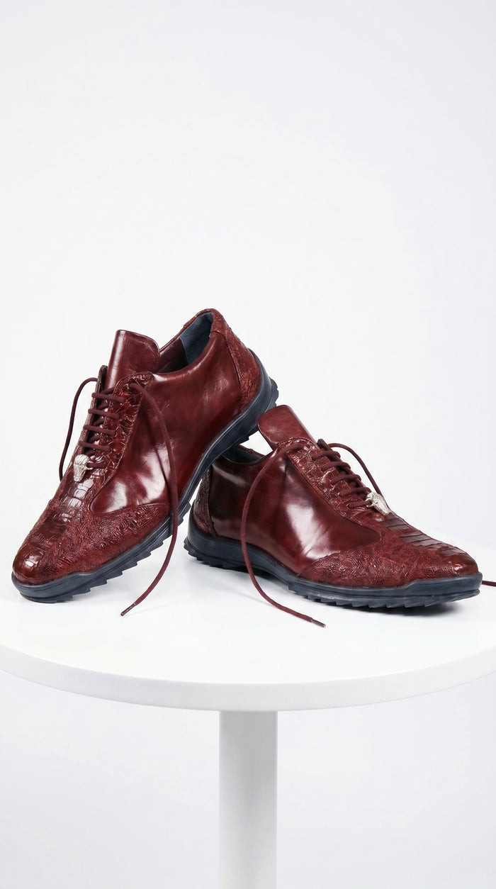 Men’s Wine Ostrich Leg Leather Sneakers with Lace Up Front, Exotic Casual Dress Shoes