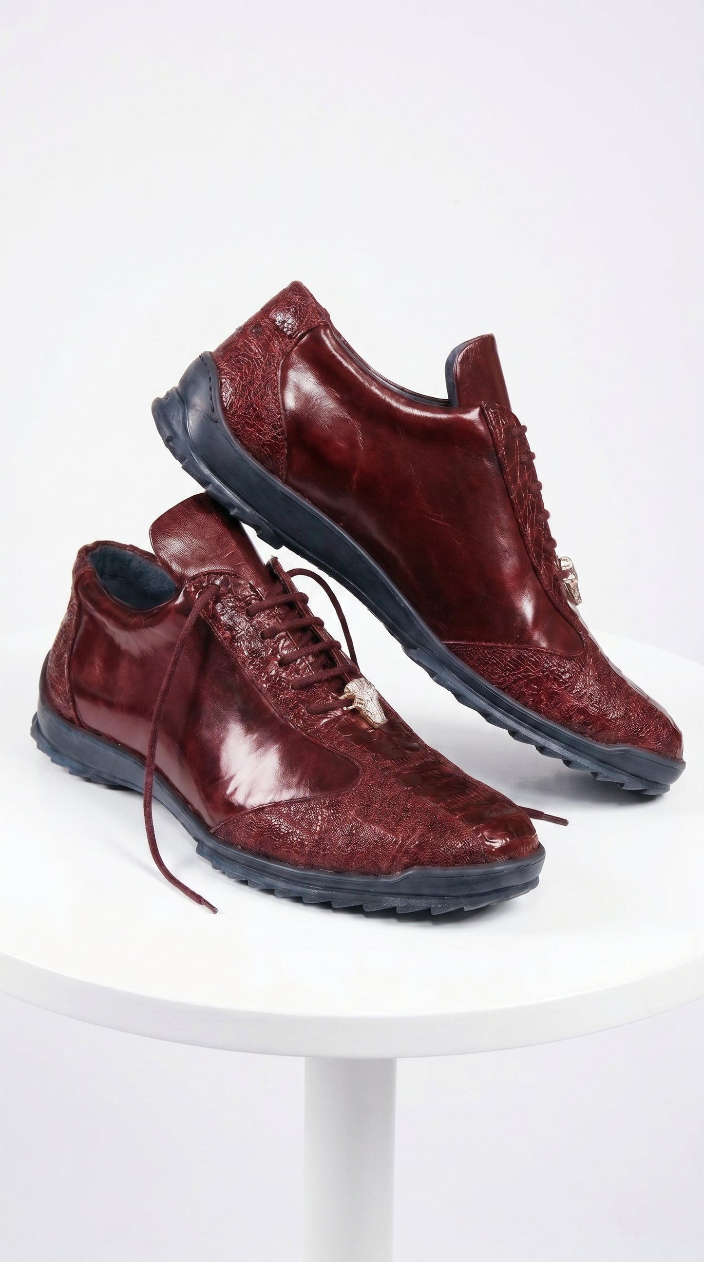 Men’s Wine Ostrich Leg Leather Sneakers with Lace Up Front, Exotic Casual Dress Shoes