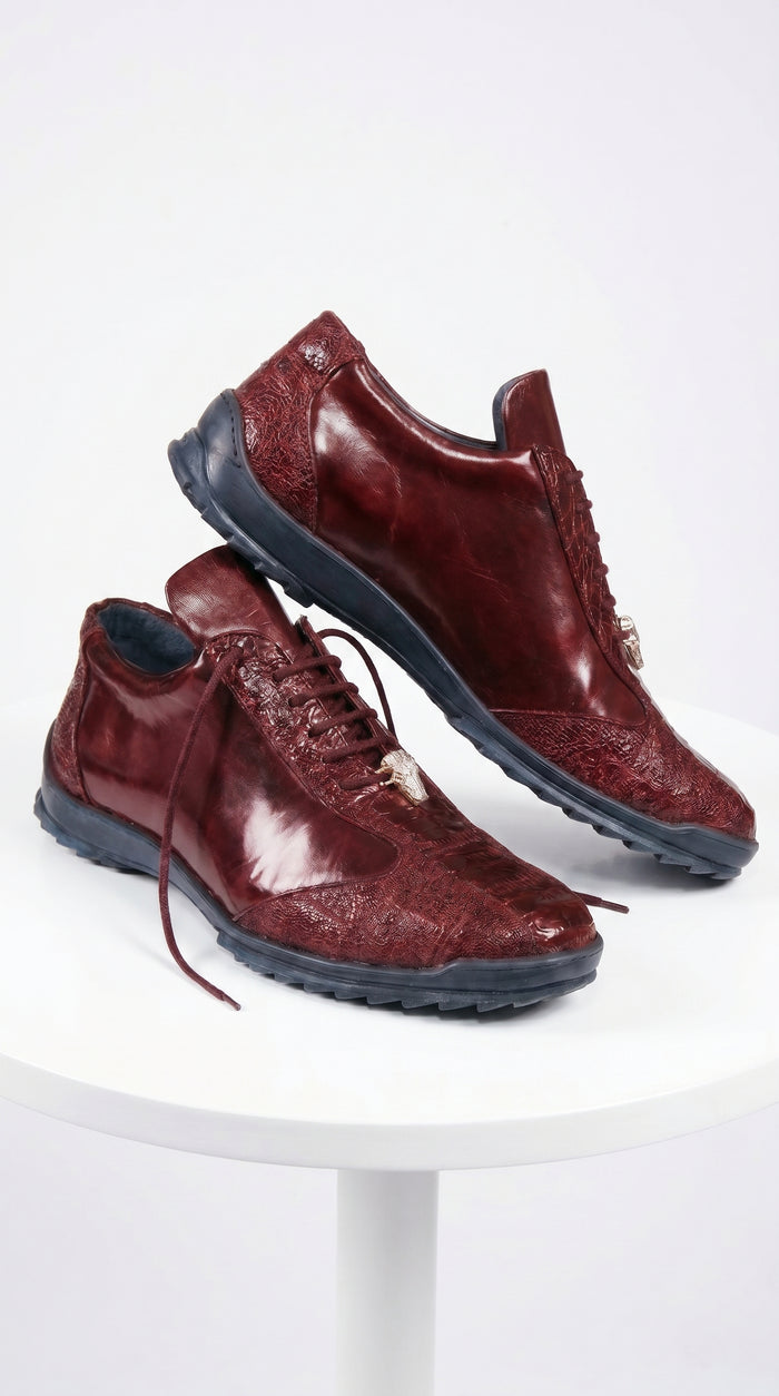 Men’s Wine Ostrich Leg Leather Sneakers with Lace Up Front, Exotic Casual Dress Shoes