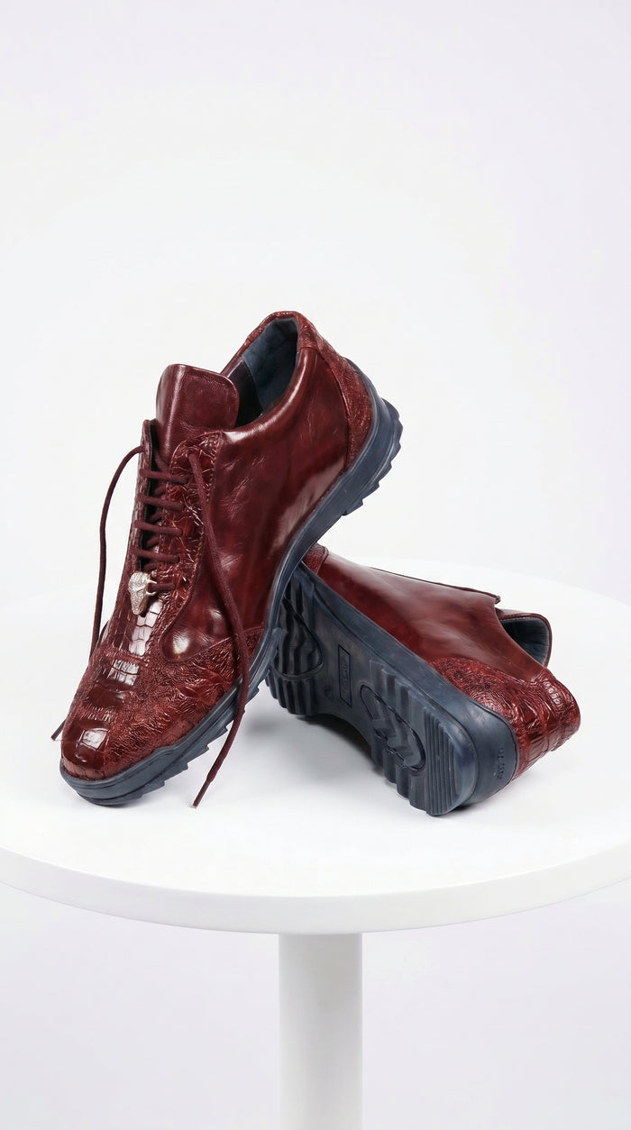 Men’s Wine Ostrich Leg Leather Sneakers with Lace Up Front, Exotic Casual Dress Shoes