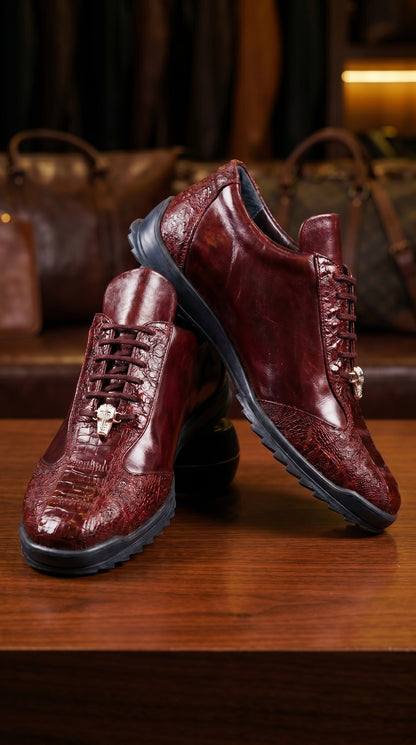 Men’s Wine Ostrich Leg Leather Sneakers with Lace Up Front, Exotic Casual Dress Shoes