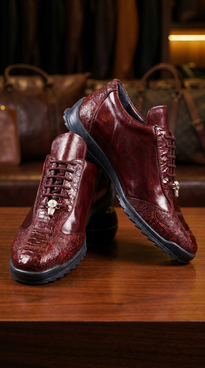 Men’s Wine Ostrich Leg Leather Sneakers with Lace Up Front, Exotic Casual Dress Shoes