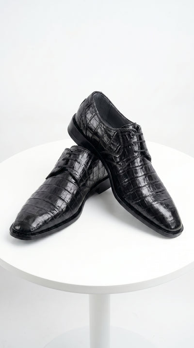 Men’s Los Altos Black Crocodile Dress Shoes with Italian Toe, Exotic Formal Lace Up Shoes