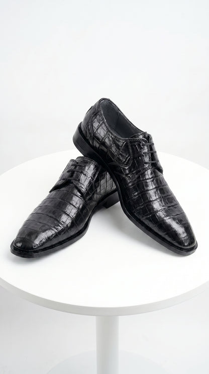 Men’s Los Altos Black Crocodile Dress Shoes with Italian Toe, Exotic Formal Lace Up Shoes