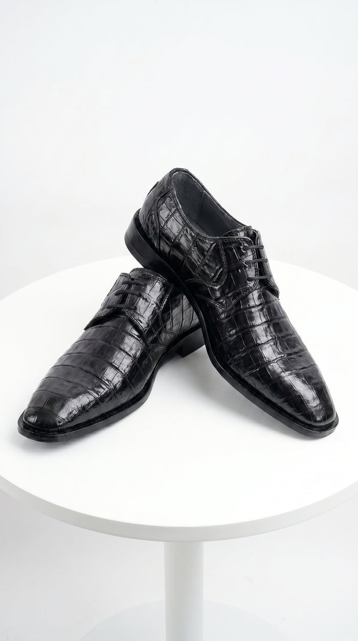 Men’s Los Altos Black Crocodile Dress Shoes with Italian Toe, Exotic Formal Lace Up Shoes