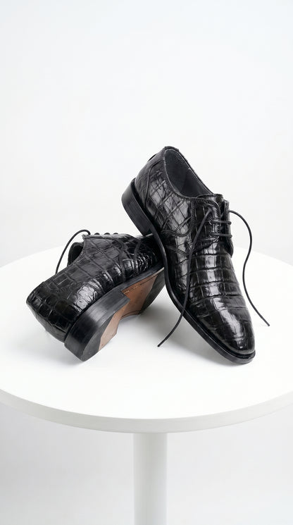 Men’s Los Altos Black Crocodile Dress Shoes with Italian Toe, Exotic Formal Lace Up Shoes