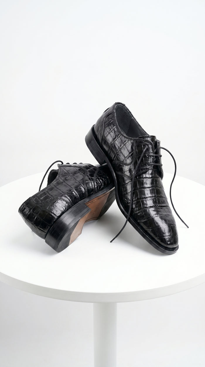 Men’s Los Altos Black Crocodile Dress Shoes with Italian Toe, Exotic Formal Lace Up Shoes