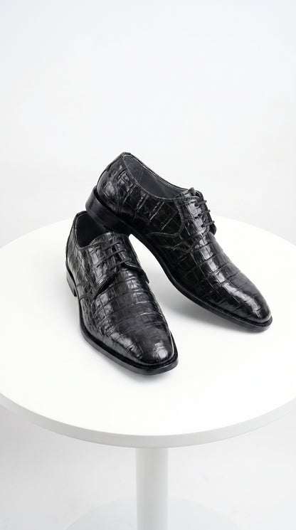 Men’s Los Altos Black Crocodile Dress Shoes with Italian Toe, Exotic Formal Lace Up Shoes