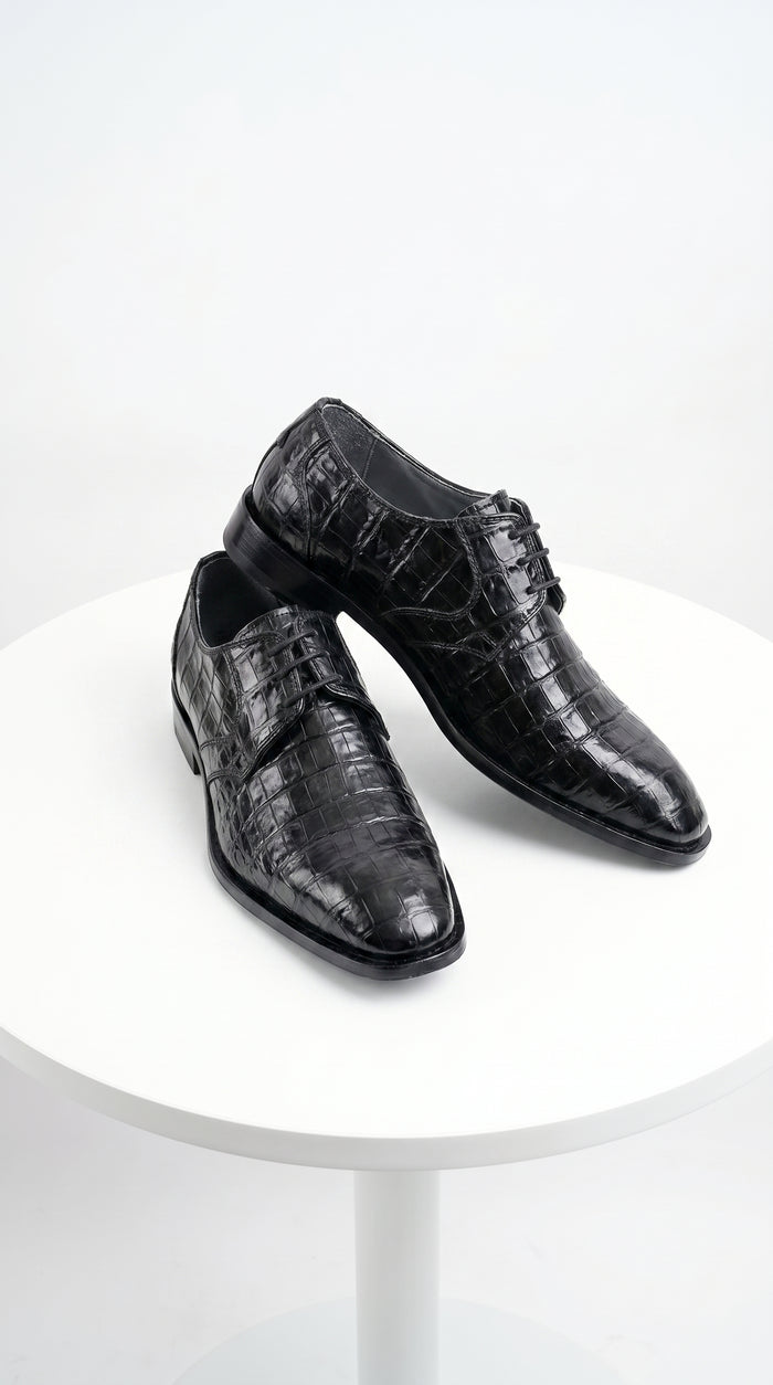 Men’s Los Altos Black Crocodile Dress Shoes with Italian Toe, Exotic Formal Lace Up Shoes