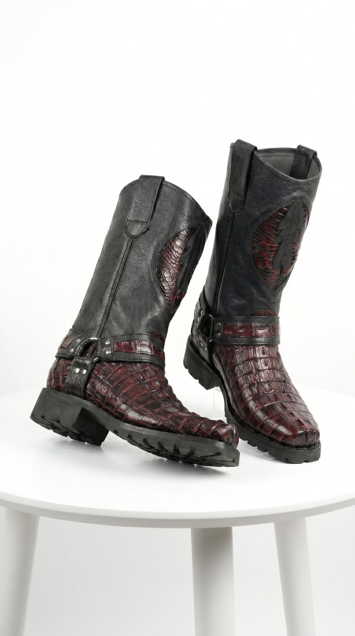 Men’s Los Altos Black and Burgundy Caiman Tail Skin Biker Boots, Exotic Western Motorcycle Boots