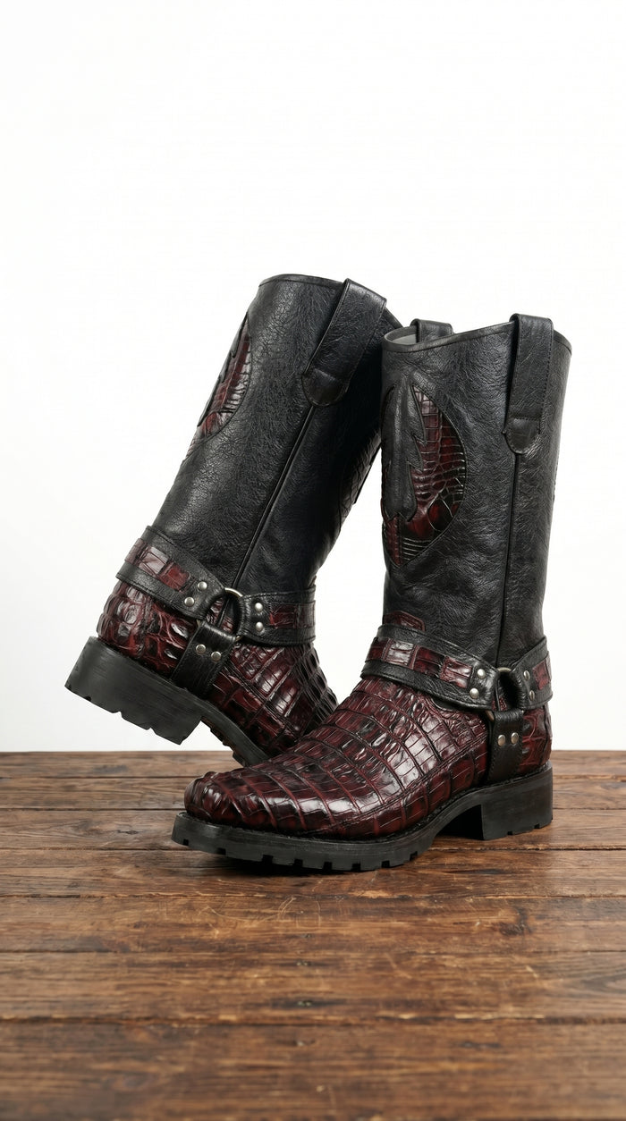 Men’s Los Altos Black and Burgundy Caiman Tail Skin Biker Boots, Exotic Western Motorcycle Boots