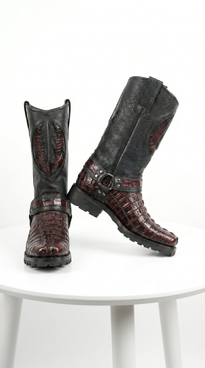 Men’s Los Altos Black and Burgundy Caiman Tail Skin Biker Boots, Exotic Western Motorcycle Boots