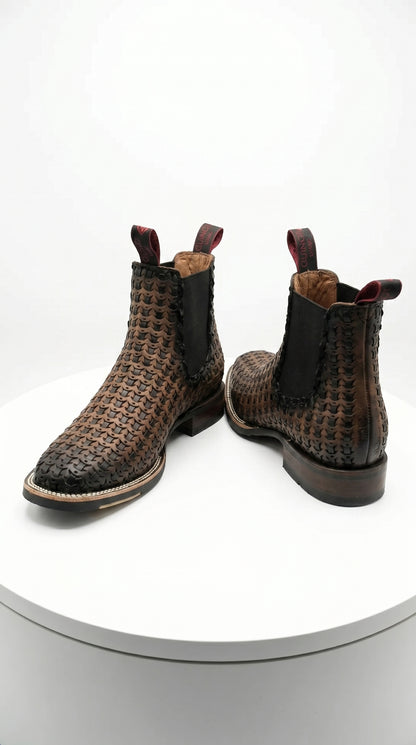 Men’s Petatillo Square Toe Boots in Brown and Black, Western Ankle Cowboy Boots