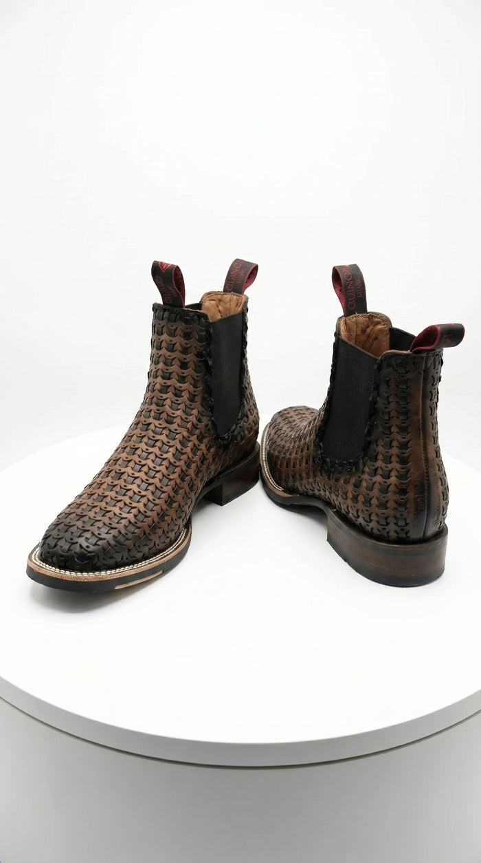 Men’s Petatillo Square Toe Boots in Brown and Black, Western Ankle Cowboy Boots
