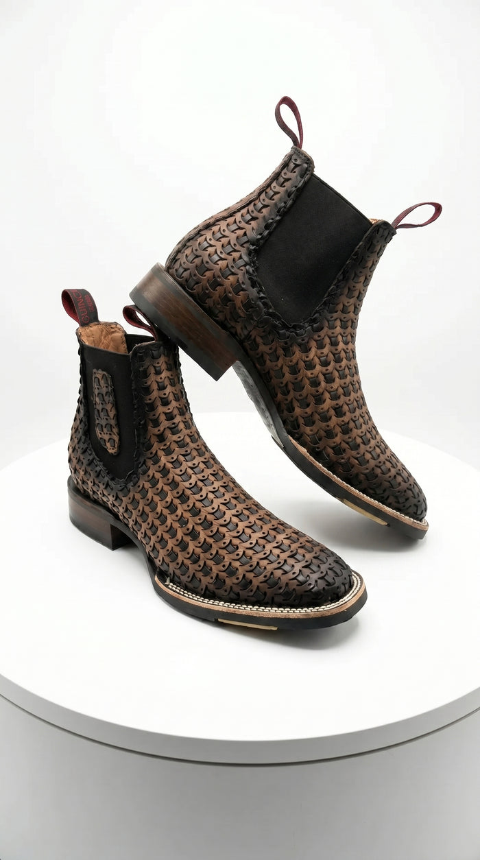 Men’s Petatillo Square Toe Boots in Brown and Black, Western Ankle Cowboy Boots