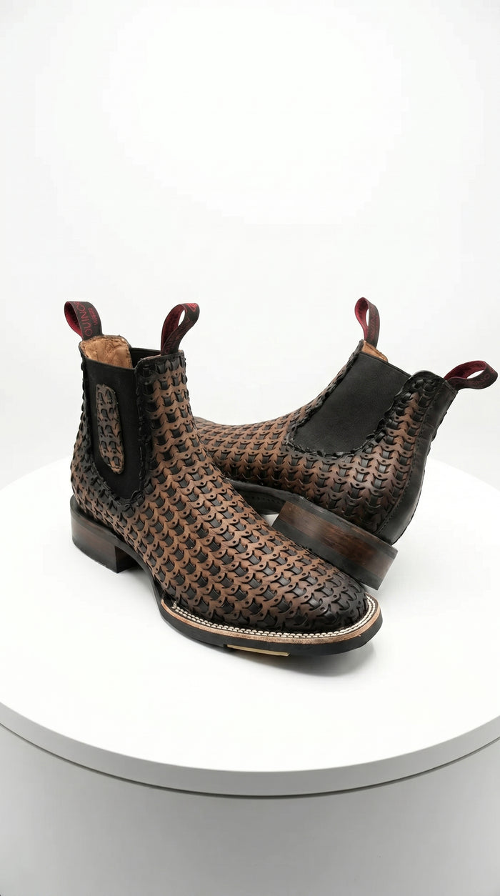 Men’s Petatillo Square Toe Boots in Brown and Black, Western Ankle Cowboy Boots