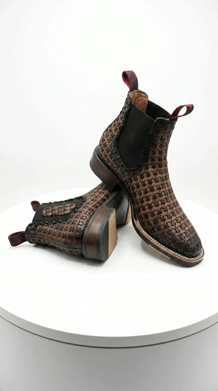 Men’s Petatillo Square Toe Boots in Brown and Black, Western Ankle Cowboy Boots