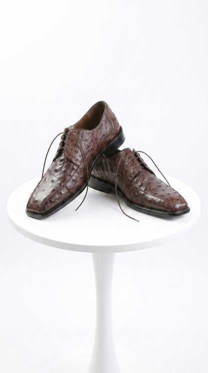 Men’s Los Altos Brown Full Quill Ostrich Dress Shoes with Bicycle Toe and Lace Up Front
