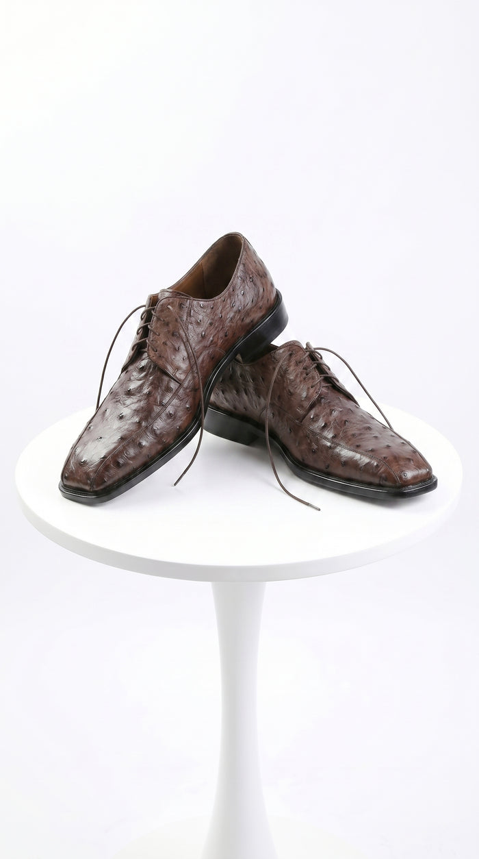 Men’s Los Altos Brown Full Quill Ostrich Dress Shoes with Bicycle Toe and Lace Up Front