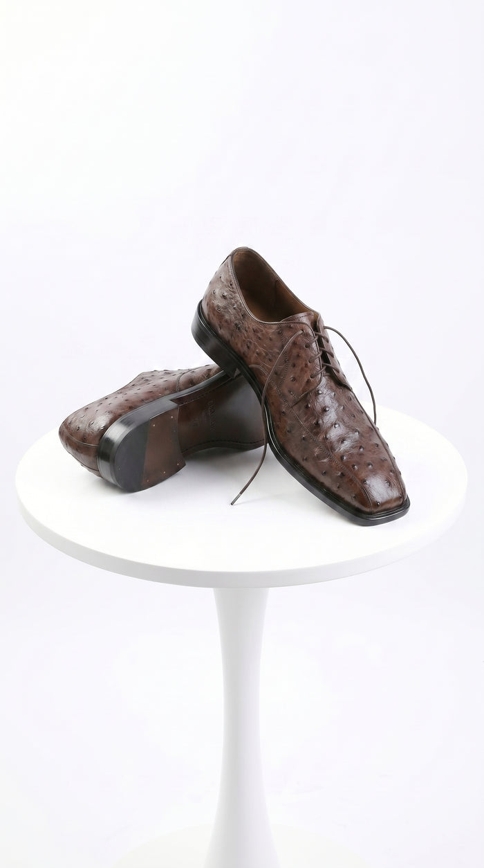 Men’s Los Altos Brown Full Quill Ostrich Dress Shoes with Bicycle Toe and Lace Up Front
