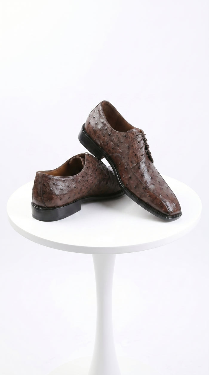 Men’s Los Altos Brown Full Quill Ostrich Dress Shoes with Bicycle Toe and Lace Up Front