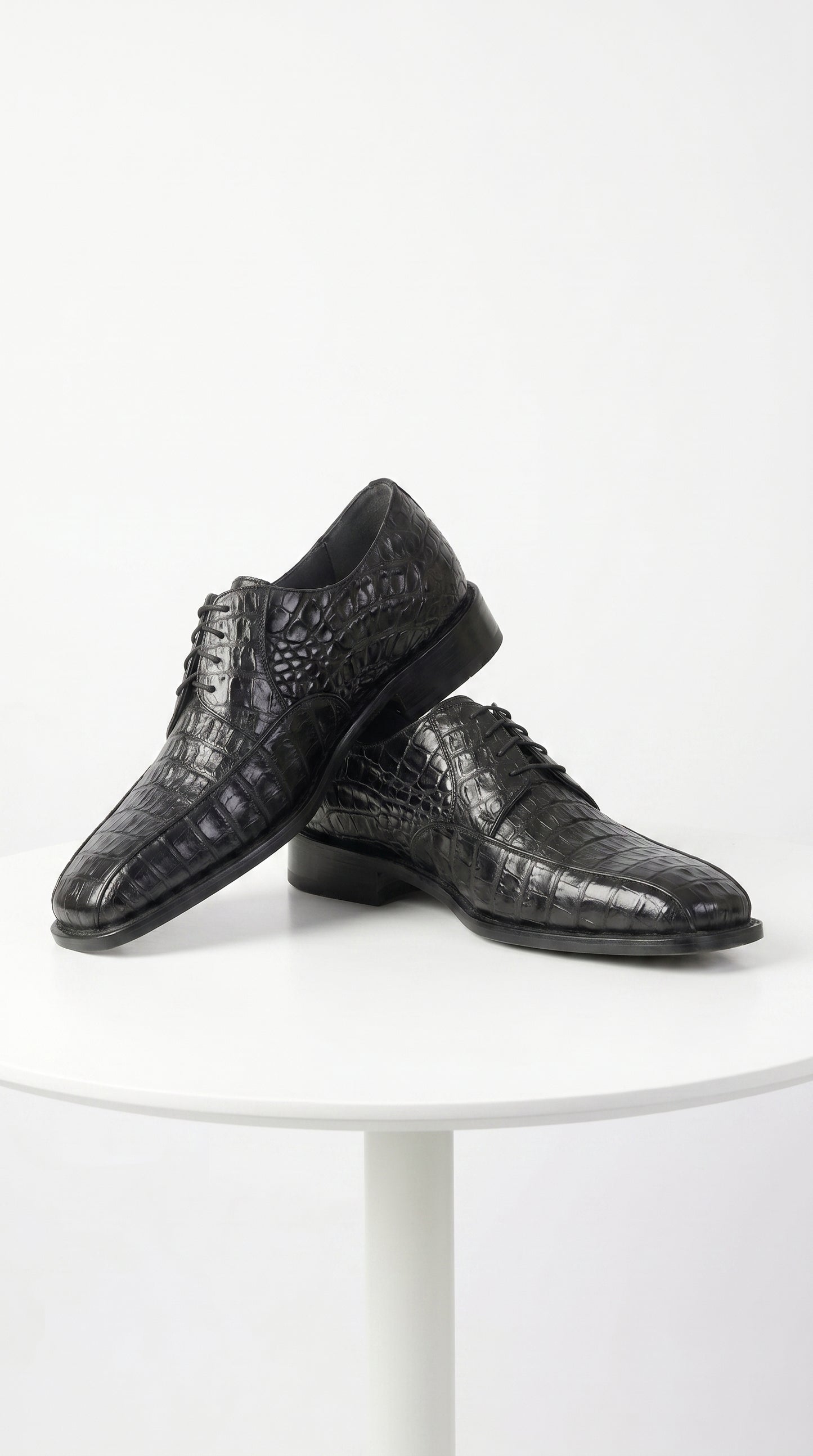 Men’s Los Altos Black Crocodile Bike Toe Dress Shoes, Exotic Formal Lace Up Shoes