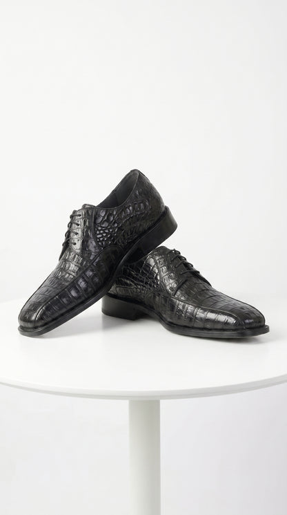 Men’s Los Altos Black Crocodile Bike Toe Dress Shoes, Exotic Formal Lace Up Shoes