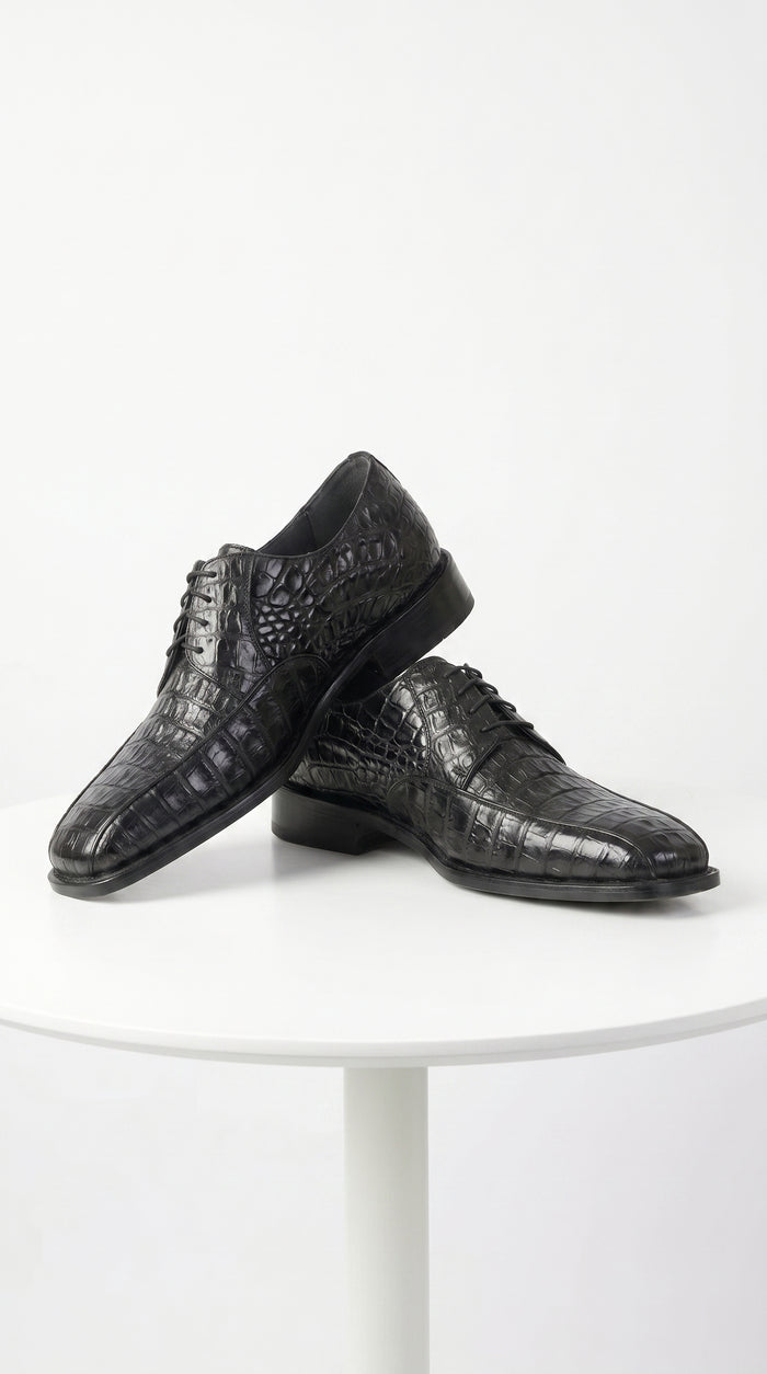 Men’s Los Altos Black Crocodile Bike Toe Dress Shoes, Exotic Formal Lace Up Shoes