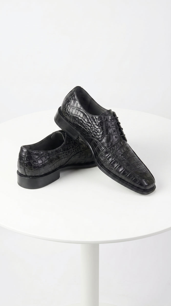 Men’s Los Altos Black Crocodile Bike Toe Dress Shoes, Exotic Formal Lace Up Shoes