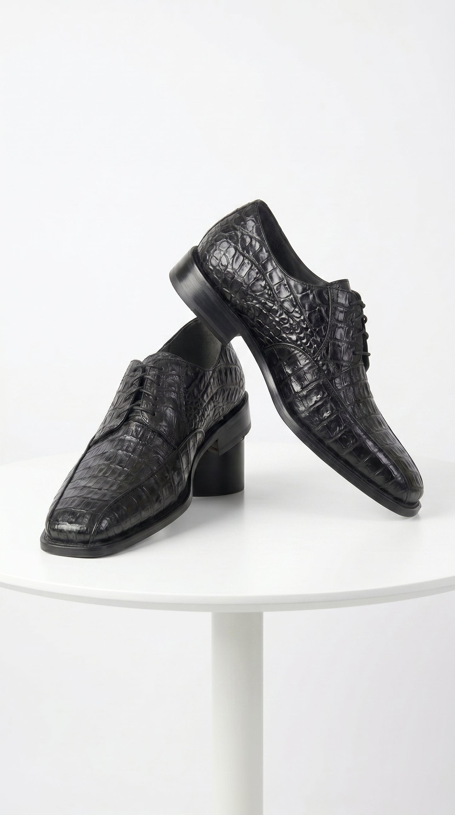 Men’s Los Altos Black Crocodile Bike Toe Dress Shoes, Exotic Formal Lace Up Shoes