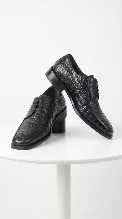 Men’s Los Altos Black Crocodile Bike Toe Dress Shoes, Exotic Formal Lace Up Shoes