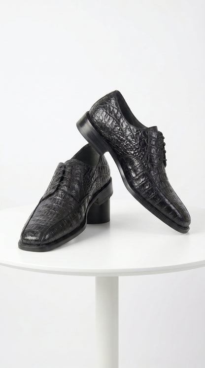 Men’s Los Altos Black Crocodile Bike Toe Dress Shoes, Exotic Formal Lace Up Shoes