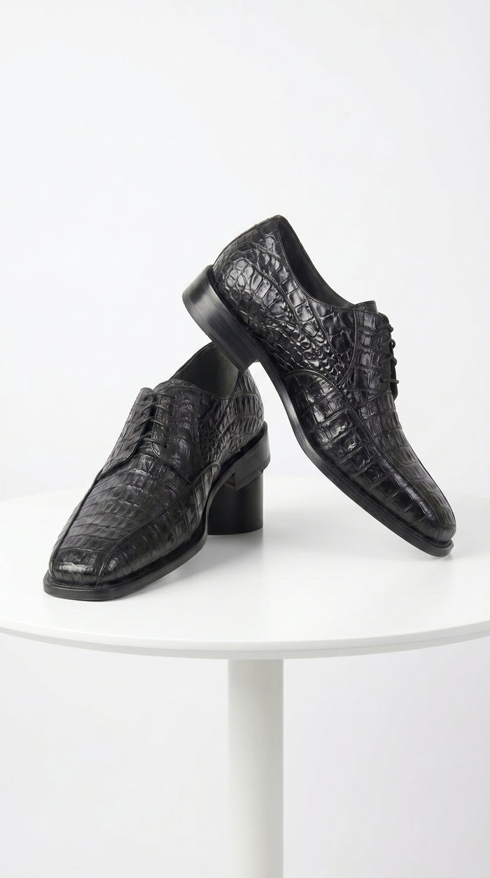 Men’s Los Altos Black Crocodile Bike Toe Dress Shoes, Exotic Formal Lace Up Shoes