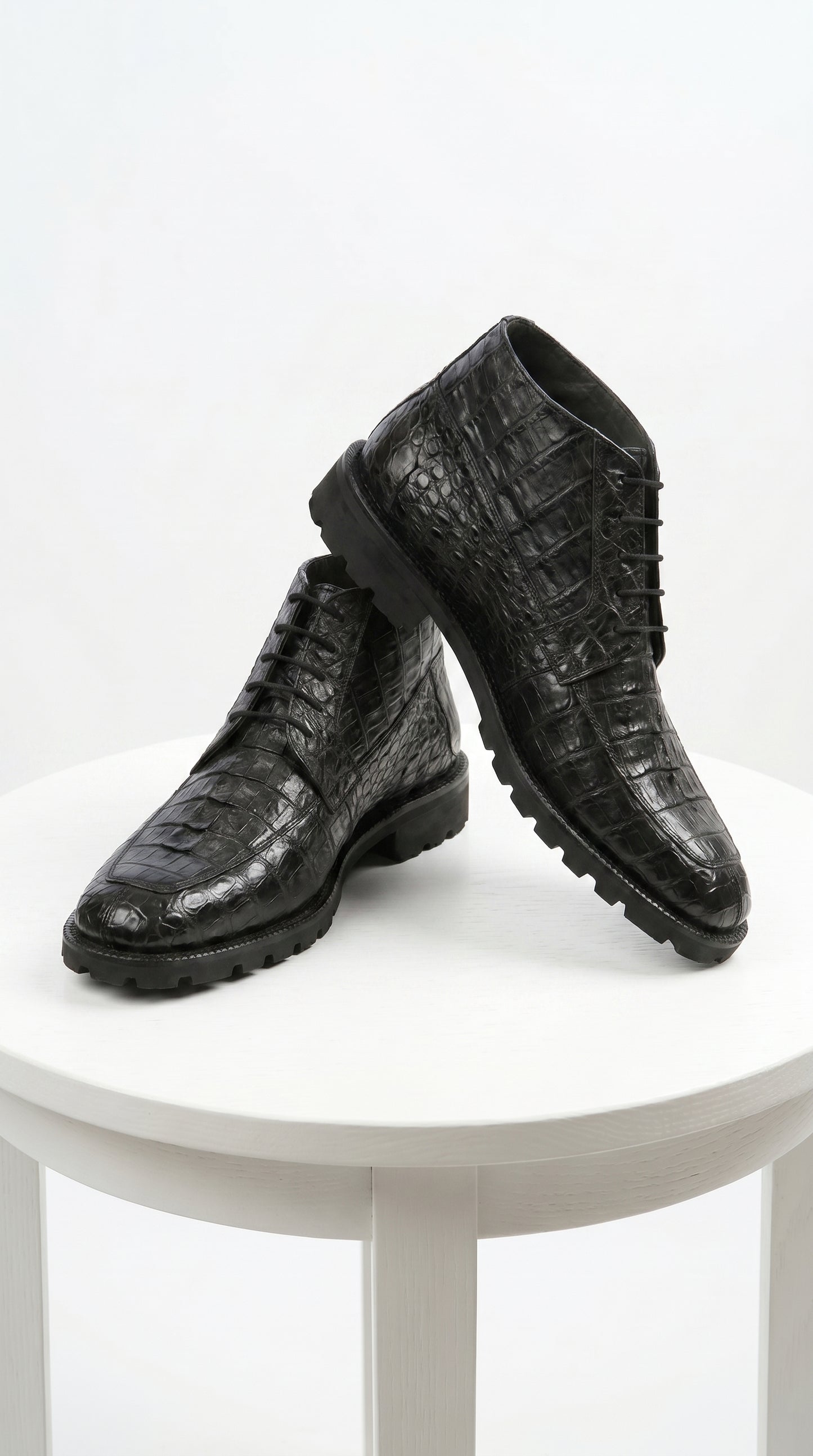 Men’s Los Altos Black Genuine Caiman Crocodile Hornback Ankle Boots, Exotic Lace Up Western Boots