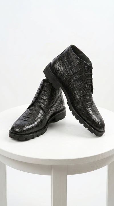 Men’s Los Altos Black Genuine Caiman Crocodile Hornback Ankle Boots, Exotic Lace Up Western Boots