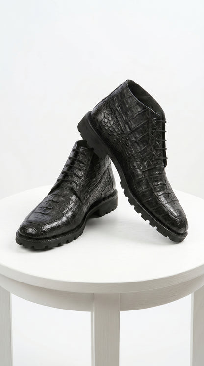 Men’s Los Altos Black Genuine Caiman Crocodile Hornback Ankle Boots, Exotic Lace Up Western Boots