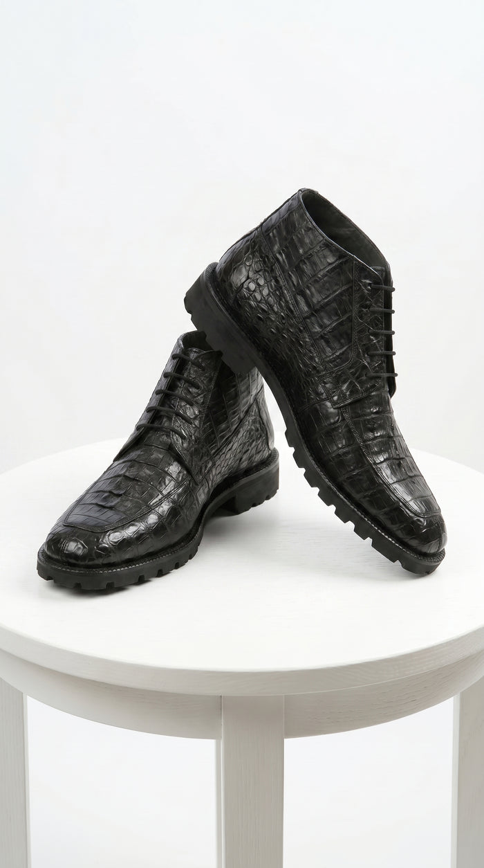 Men’s Los Altos Black Genuine Caiman Crocodile Hornback Ankle Boots, Exotic Lace Up Western Boots