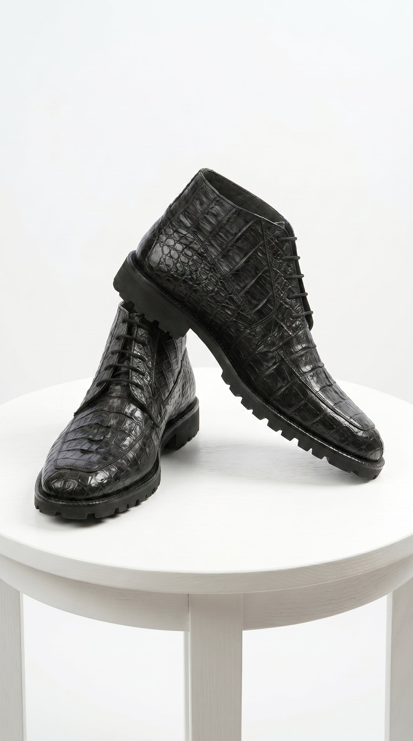 Men’s Los Altos Black Genuine Caiman Crocodile Hornback Ankle Boots, Exotic Lace Up Western Boots