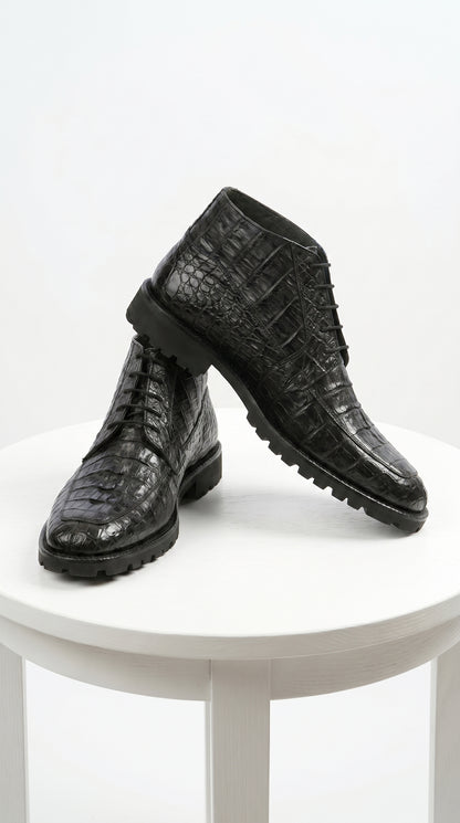 Men’s Los Altos Black Genuine Caiman Crocodile Hornback Ankle Boots, Exotic Lace Up Western Boots