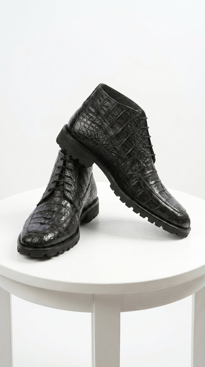 Men’s Los Altos Black Genuine Caiman Crocodile Hornback Ankle Boots, Exotic Lace Up Western Boots