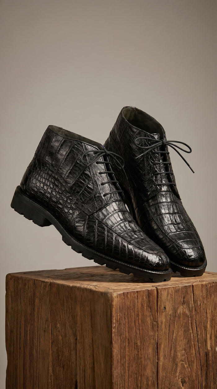 Men’s Los Altos Black Genuine Caiman Crocodile Hornback Ankle Boots, Exotic Lace Up Western Boots