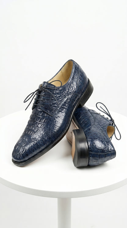 Men’s Los Altos Navy Caiman Hornback Dress Shoes with Plain Toe, Exotic Formal Lace Up Shoes