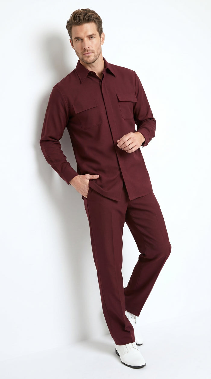 Men’s Apollo King Burgundy 2 Piece Walking Suit with Long Sleeve Shirt Jacket and Matching Pants